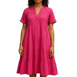 Chico's Pink Short Sleeve V-neck Tiered Skirt Casual Dress-Size16-Side Pockets